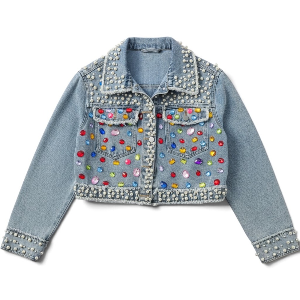 NWT Jules & James Main Character Pearl Gemstone Crop Denim Jacket Boho L Maxxing